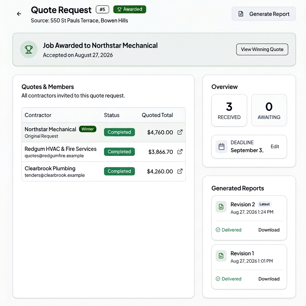 PriceTrax Quote Request showing fictional contractor responses, quoted totals, an awarded contractor and generated reports